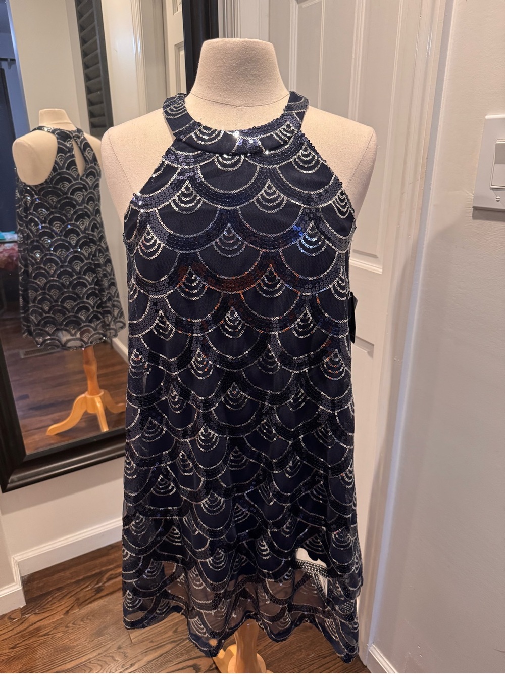Navy Sequin Halter Swing Dress